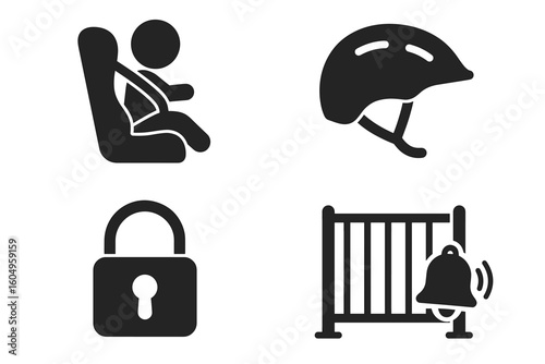 Essential child safety icons: car seat, helmet, lock, baby gate with bell