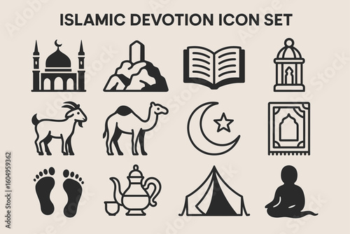 Islamic devotion icon set featuring mosque, quran, and pilgrimage symbols