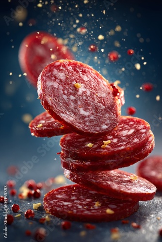 Stack of spicy salami, zesty cured sausage, arranged neatly with warm lighting, inviting feel. Concept of festive display featuring spicy salami, emphasizing texture and warmth.