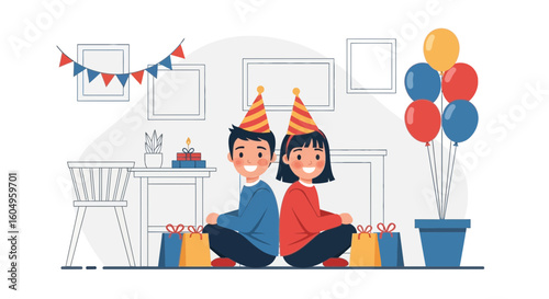 Celebrating Siblings: Cheerful Birthday Party Scene with Gifts and Balloons