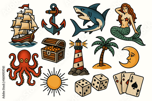 Nautical tattoo collection: ship, anchor, shark, mermaid, octopus, lighthouse, moon, sun