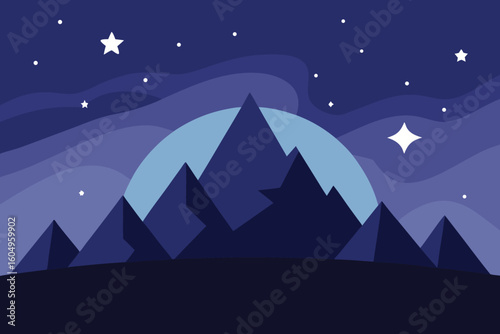 Vibrant sunset over a stylized mountain range and a peaceful pine forest silhouette.