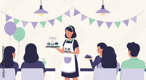 Charming Bistro Celebration With Serving Attendant Offering Sweet Confections