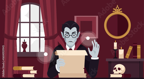 Charming Vampire Reading An Ancient Scroll In A Spooky Literary Setting