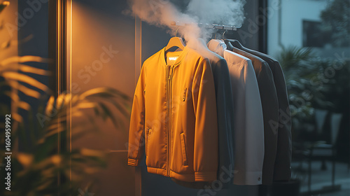 Clothes Steamer Emitting Vapor Beside Hanging Jackets