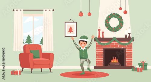Cheerful Elf Preparing for Christmas Celebration At Home In Decorated Room