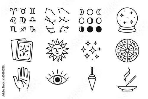 Astrology and divination symbols set: zodiac, constellations, tarot, and fortune-telling icons