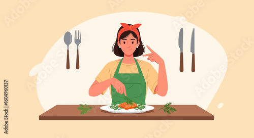 Cheerful Female Chef Preparing Delicious Dish At Home Kitchen Preparing Recipe