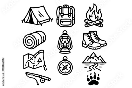 Camping essentials: tent, backpack, campfire, sleeping bag, lantern, boots, map, compass, knife, mountain
