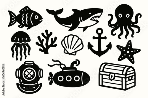 Underwater adventure icons: marine life and nautical symbols