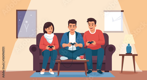 Cheerful Friends Enjoying Video Game Competition Together At Home