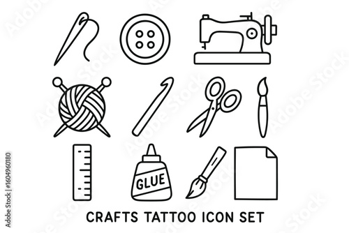 Crafts icon set: sewing, knitting, and art tools in illustrative design