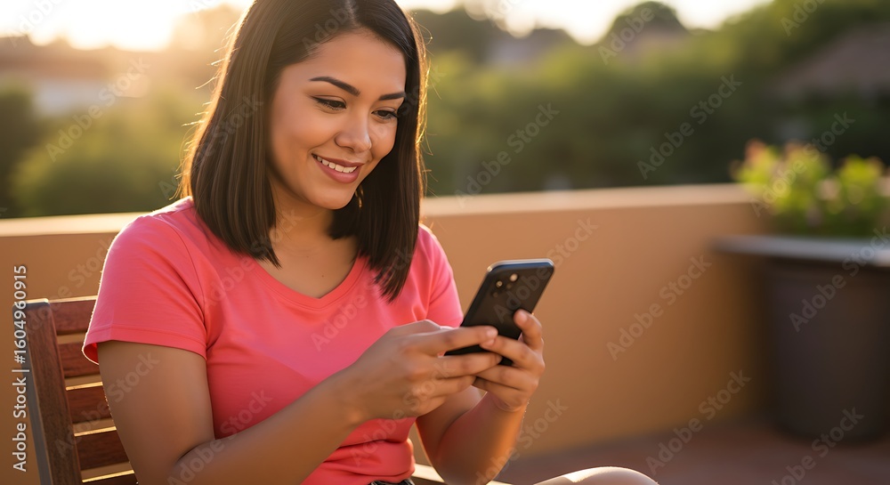 A young woman is using smartphone on terrace A young woman is using smartphone on terrace