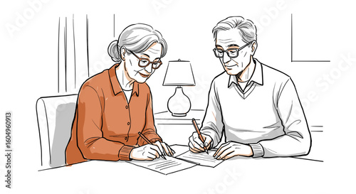 Elderly couple writing together at home with focused expressions  