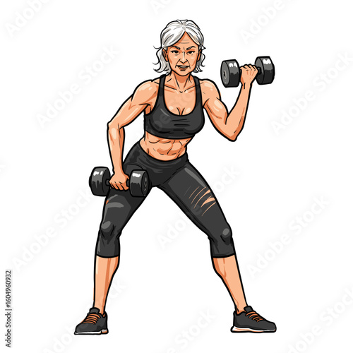 Elderly woman exercising with dumbbells in fitness attire indoors  