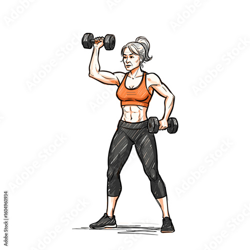 Elderly woman lifting dumbbells while exercising in fitness attire  
