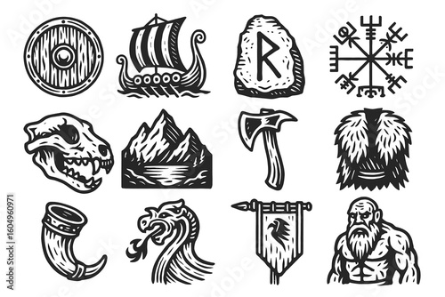Collection of viking symbols and artifacts: axe, ship, shield, runes, helmet, beard, dragon