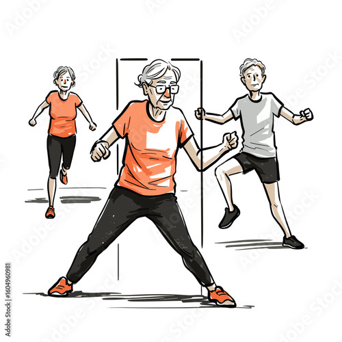 Elderly people exercising in fitness class with different movements  