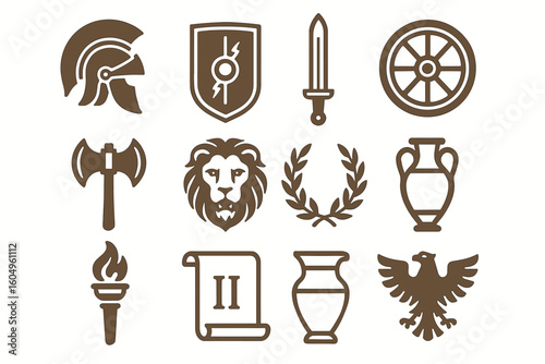Collection of ancient roman symbols and icons including gladiator helmet and laurel wreath