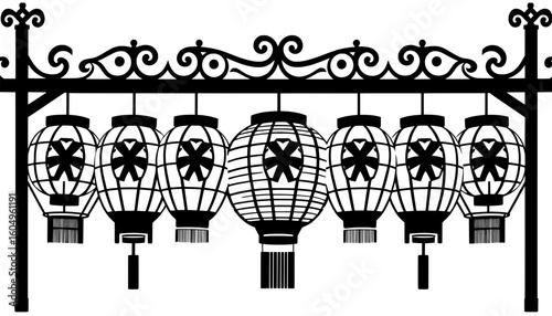 multiple hanging japanese lantern silhouettes in traditional festival style