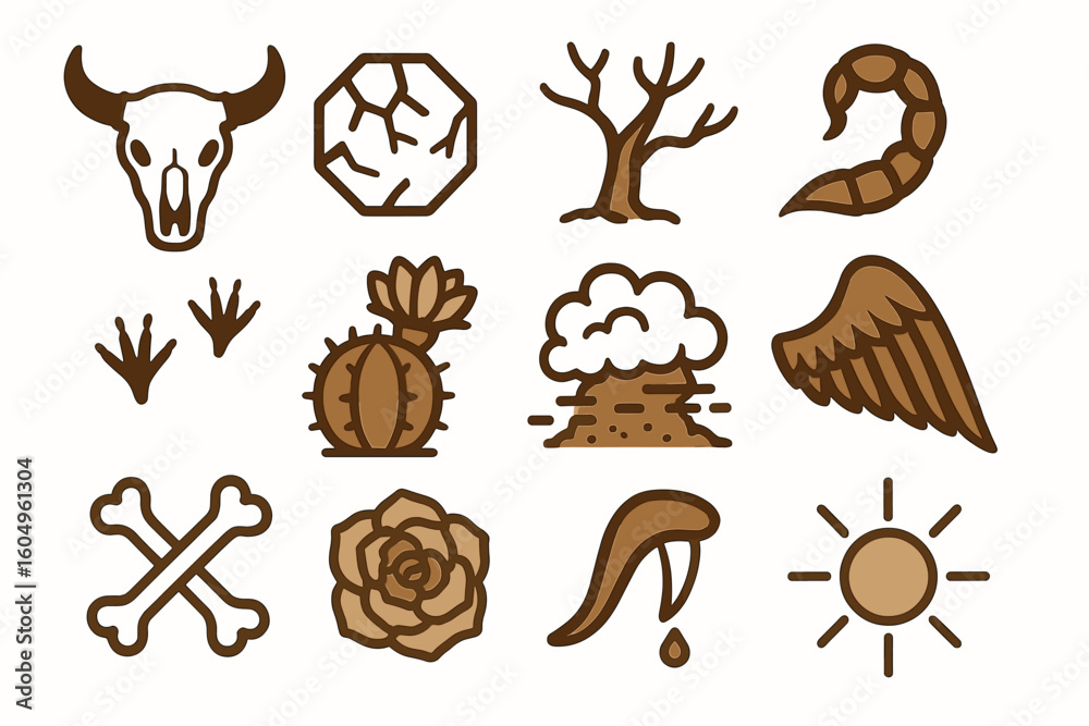 Fototapeta premium Collection of desert-inspired symbols featuring skull, cactus, and sun