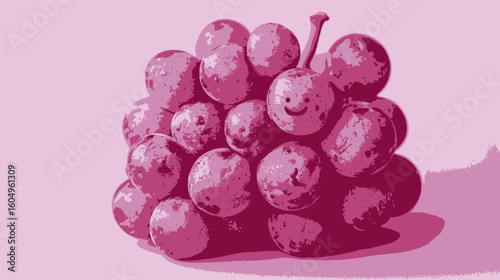 Purple grapes with a smiling face on a light pink background create a playful scene in a bright studio setting