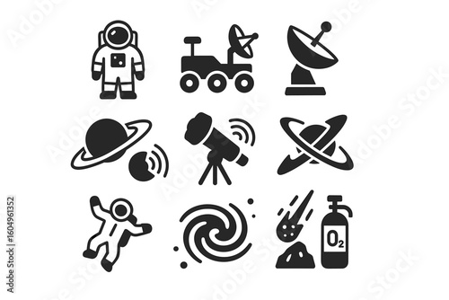 Space exploration icons: astronaut, rover, telescope, satellite, planets, comet, oxygen