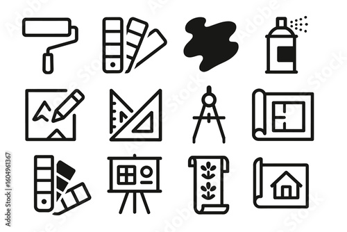 Icon set of artistic tools and design elements including paint roller and color swatches