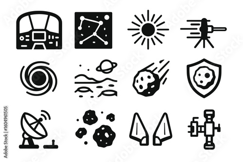 Space exploration icons: telescope, asteroids, sun, satellites, constellations