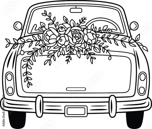 Vintage Wedding Car with Flowers, Floral Just Married Vehicle Line Art Illustration.