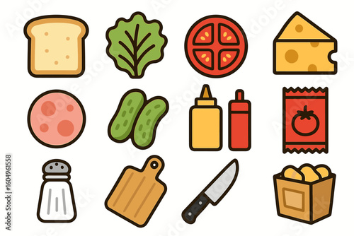 Colorful food icons: bread, vegetables, cheese, and more