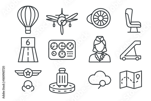 Aviation icons including hot air balloon, airplane, pilot, runway, and luggage