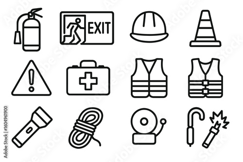 Safety icons: fire extinguisher, exit sign, hard hat, cone, caution, first aid, life vest