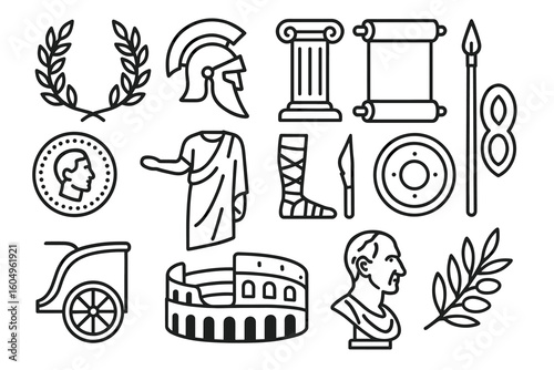 Ancient roman icons: helmet, columns, scroll, coliseum, bust, chariot, laurel wreath