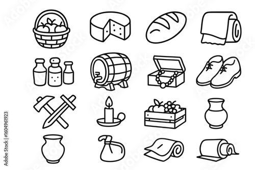 Black and white icons of food items, household objects, and accessories