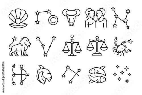 Black and white zodiac symbols illustrating astrology with constellations
