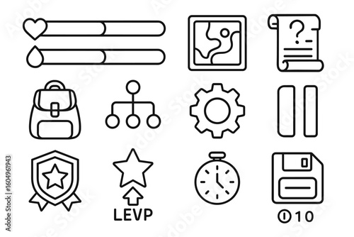 Game icon set featuring ui elements: health bar, map, gear, stopwatch, and more