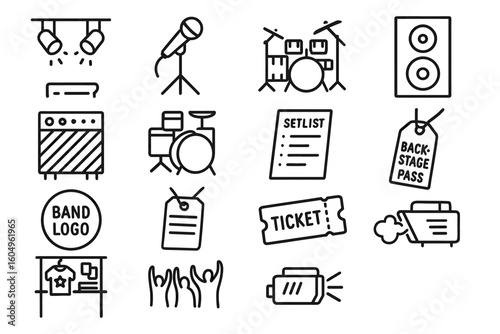 Concert icons: microphone, drums, ticket, backstage pass, band equipment
