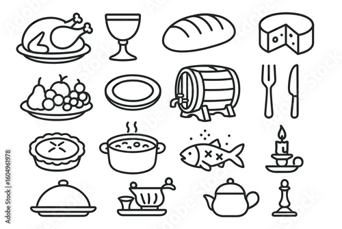 Outline icons of food and dining: chicken, wine, bread, cheese, fruits, candle, and more