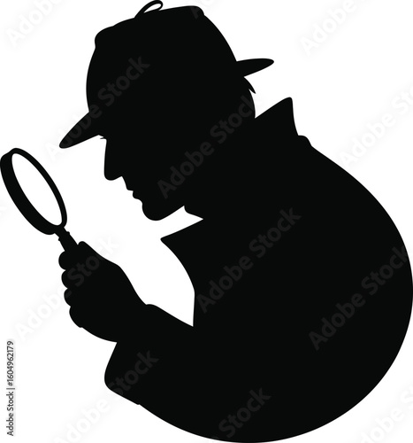 Detective Silhouette Icon – Man with Hat and Magnifying Glass Vector