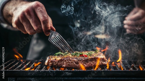 Grilling meat steak over open flame barbecue cooking food preparation smoke fire culinary concept