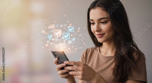 Serene Woman Checks Tasks on Smartphone, Glowing Checkmarks Symbolize Completion, Soft Lighting and Warm Tones