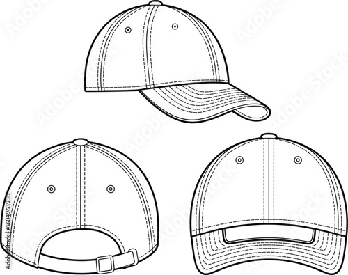 Unisex Baseball Cap Fashion Flat Sketch Template, Six Panel Adjustable Strap Hat Design, Headwear Technical Drawing Illustration, Blank Accessory Vector, Sport Casual Style.