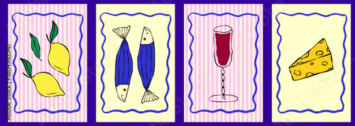 Italian amalfi poster in hand drawn style. Summer poster with fruit lemon and wine. Hand drawn sketch Italian food and drink. Vector illustration amalfi cover scallop frame