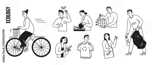 Set of doodle people, men and women. Ecology concept, care for planet Earth and environment protection. Vector isolated illustration