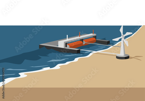 coastal energy device generates power from ocean waves and wind This illustration showcases a modern floating structure with turbines ideal for renewable energy concepts and sustainable design