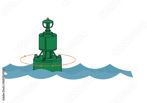An energy buoy rotates in the ocean, emitting electrical pulses. A clean, modern illustration showcases its functionality and design.  Bright blue background.