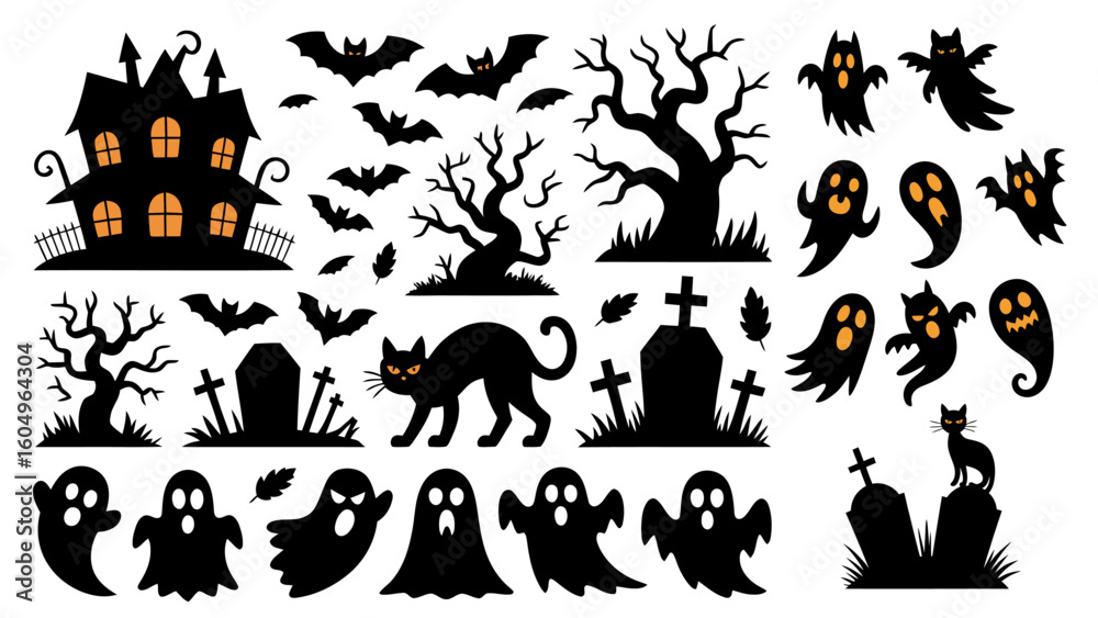 Obraz premium Enchanting Halloween Silhouette Vector Collection Featuring Spooky Houses Ghosts Bats and Mystical Cats for Festive Themed Designs