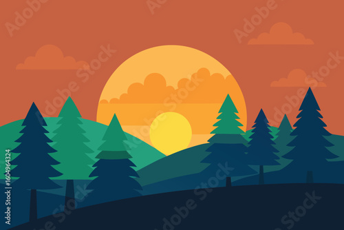 Vibrant Flat Design Landscape of Majestic Mountains and Radiant Sunset, Symbolizing Serenity and Natural Grandeur