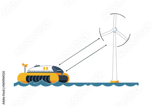 A stylized illustration depicts a wave-powered vehicle (WaveRoller) connected to an offshore wind turbine, showcasing a novel renewable energy concept. Clean, modern design.
